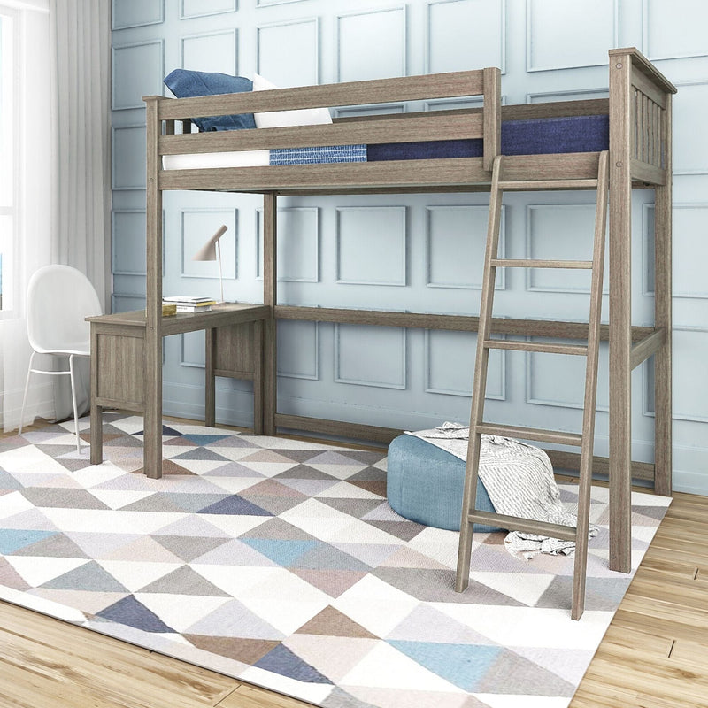 Loft bed with built-in desk and ladder in a light-blue paneled kids' bedroom, rustic wood finish, navy bedding, study lamp and pastel geometric area rug