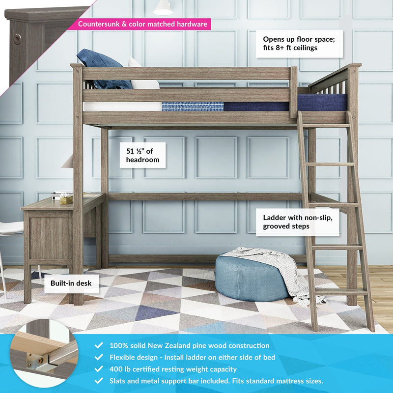 Gray solid wood loft bed with built-in desk and ladder, space-saving twin loft bed with non-slip grooved steps and weathered gray finish, blue bedding and pouf ideal for kids' bedroom study area