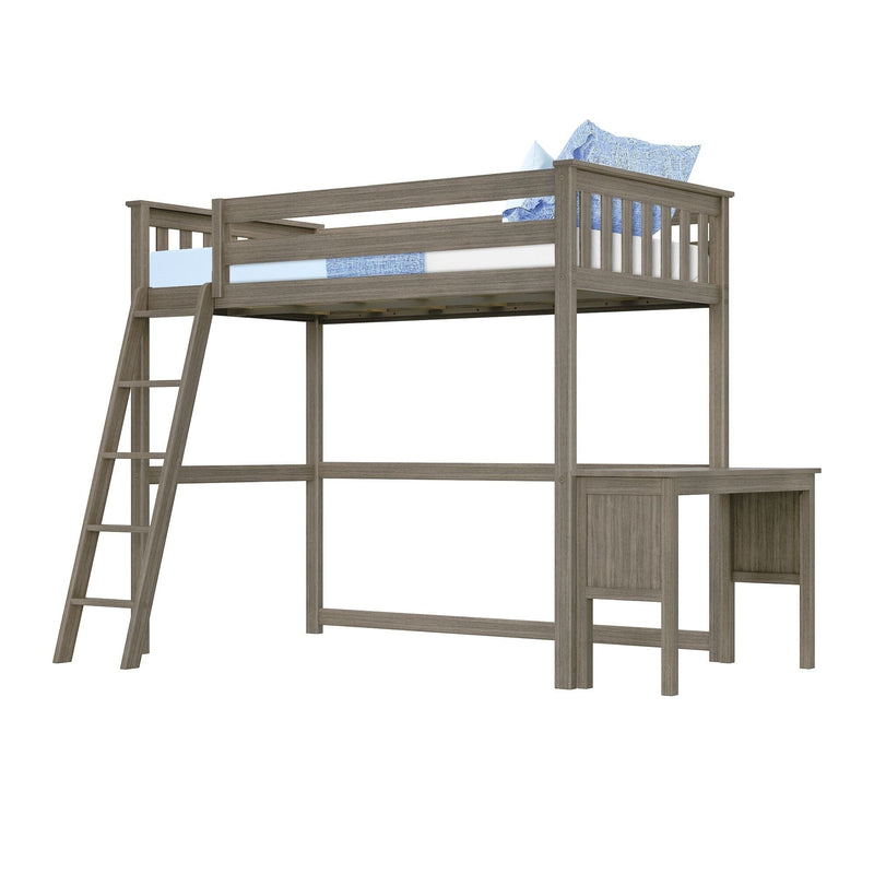 Twin loft bed with desk and ladder in gray oak finish, safety rails and blue bedding