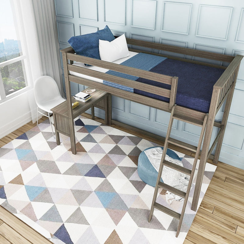 Space-saving wooden loft bed with ladder and built-in desk, navy and blue bedding, white chair and geometric rug in modern kids' bedroom