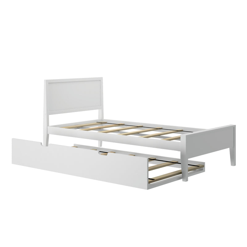 White wooden single bed frame with slatted base and pull-out trundle storage drawer, modern kids' bedroom