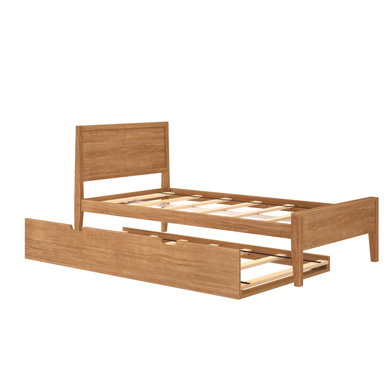 Natural oak wooden twin bed frame with slatted platform base and pull-out trundle storage drawer