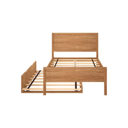 Modern wooden platform bed frame with storage drawers on white background.