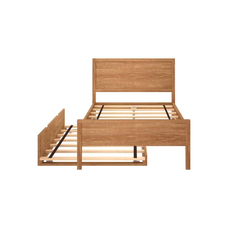 Natural oak platform bed frame with rectangular headboard and wooden slatted base, modern farmhouse style