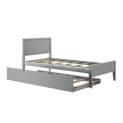 Gray wooden twin bed frame with storage drawer, modern bedroom furniture design.