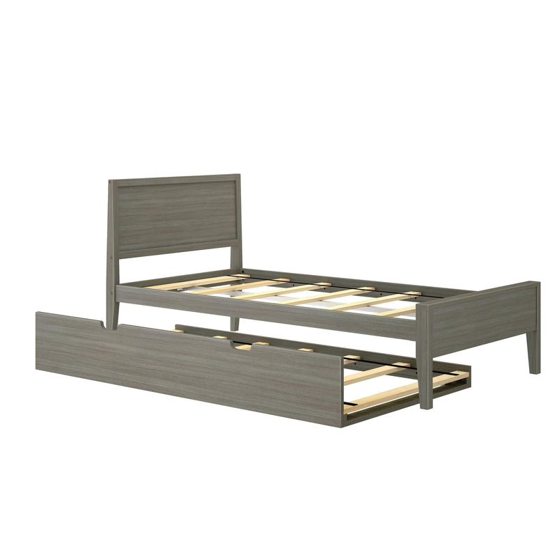 Gray wood twin platform bed frame with rectangular headboard, slatted support and pull-out trundle drawer