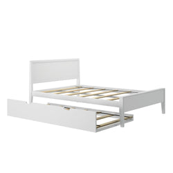 White wooden platform bed frame with headboard and pull-out under-bed storage drawer, slatted base, modern minimalist bedroom furniture