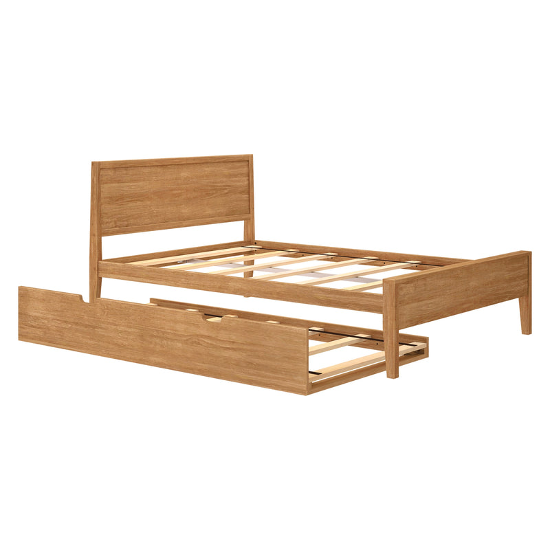 Natural oak wooden platform bed with slatted base, headboard and under-bed storage drawer
