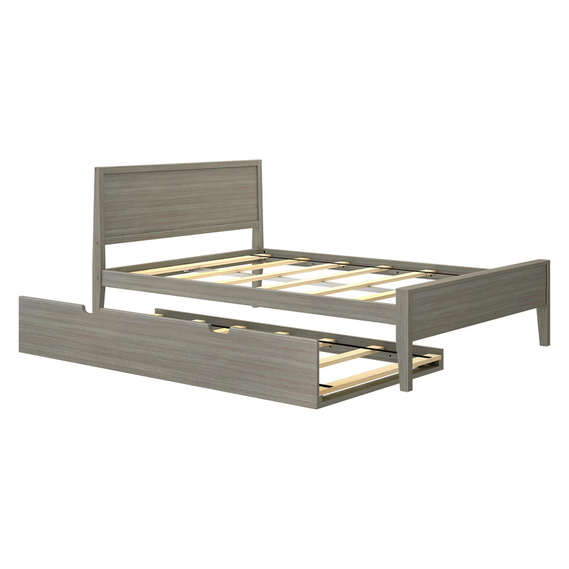 Gray wood platform bed frame with headboard, slatted mattress support and pull-out under-bed storage trundle drawer, modern farmhouse bedroom furniture