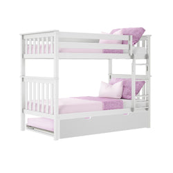 White wooden bunk bed with pink bedding and storage drawer.