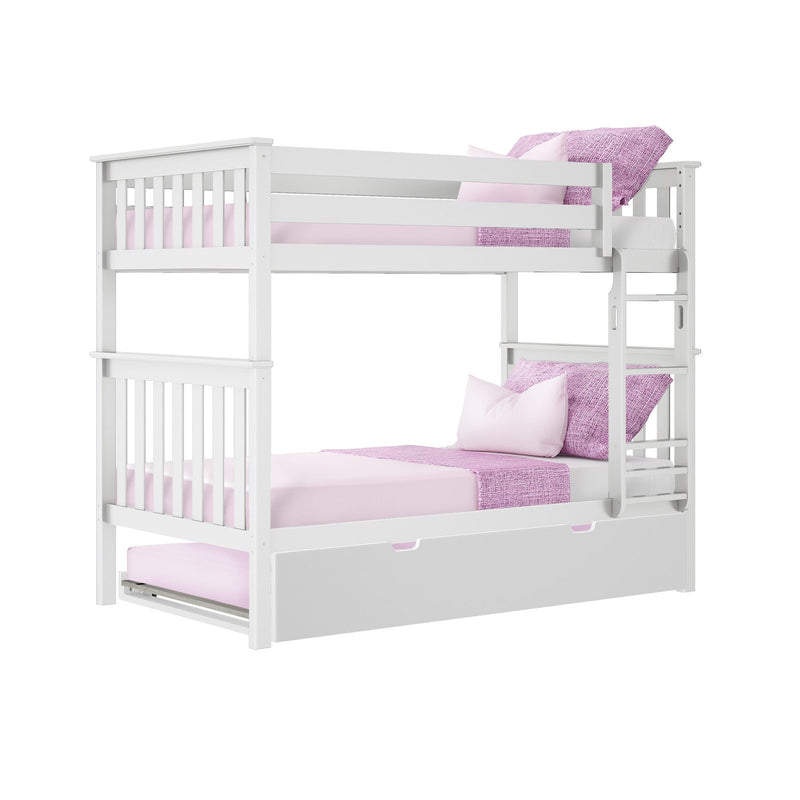White wooden twin-over-twin bunk bed with ladder and pull-out trundle, pink bedding and pillows, modern space-saving kids bedroom furniture