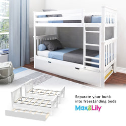 White wooden bunk bed for kids with blue bedding, convertible to freestanding beds with pull-out storage drawer.