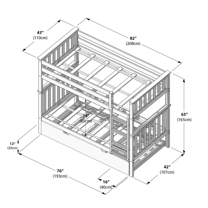 Assembly diagram of a wooden bunk bed frame with ladder, guardrails, slatted platforms and under-bed trundle drawer, annotated with dimensions in inches and cm