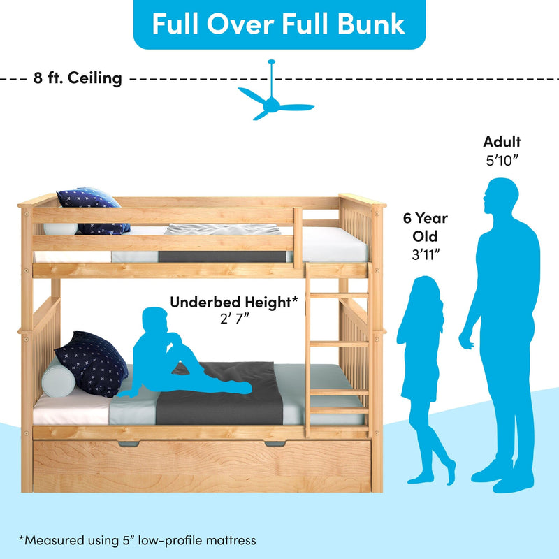 Full-over-full solid wood bunk bed in natural finish with built-in ladder and underbed storage drawer, low-profile mattress, annotated 2'7" underbed height and 8 ft ceiling clearance with adult and child silhouettes for scale