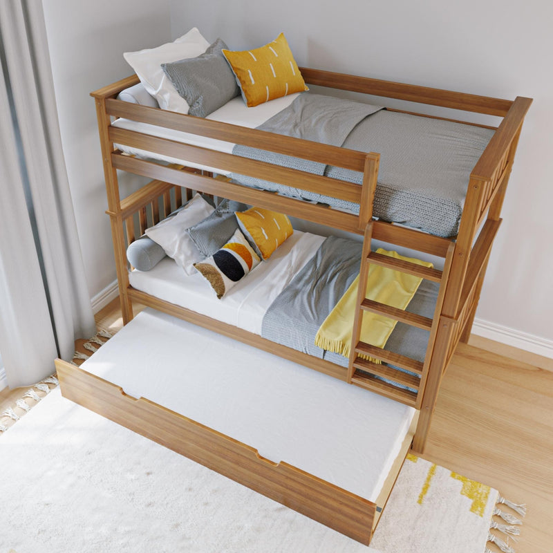 Modern wooden bunk bed with ladder, gray and yellow pillows and blankets in a bright styled kids' bedroom