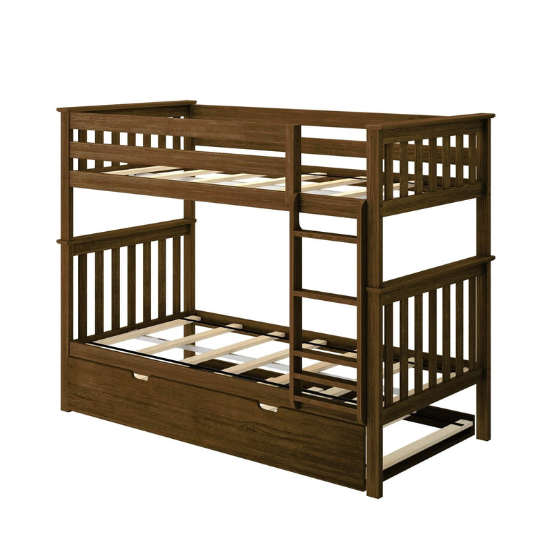 Solid wood twin-over-full bunk bed with ladder, slatted guardrails and built-in underbed storage drawer in rustic brown finish for kids' bedroom