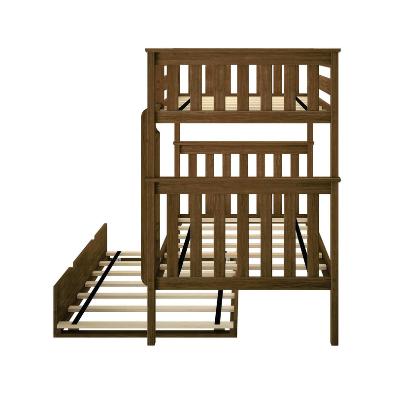 Brown solid wood twin-over-twin bunk bed frame with slatted mattress supports, vertical slat headboards and guardrails on white background