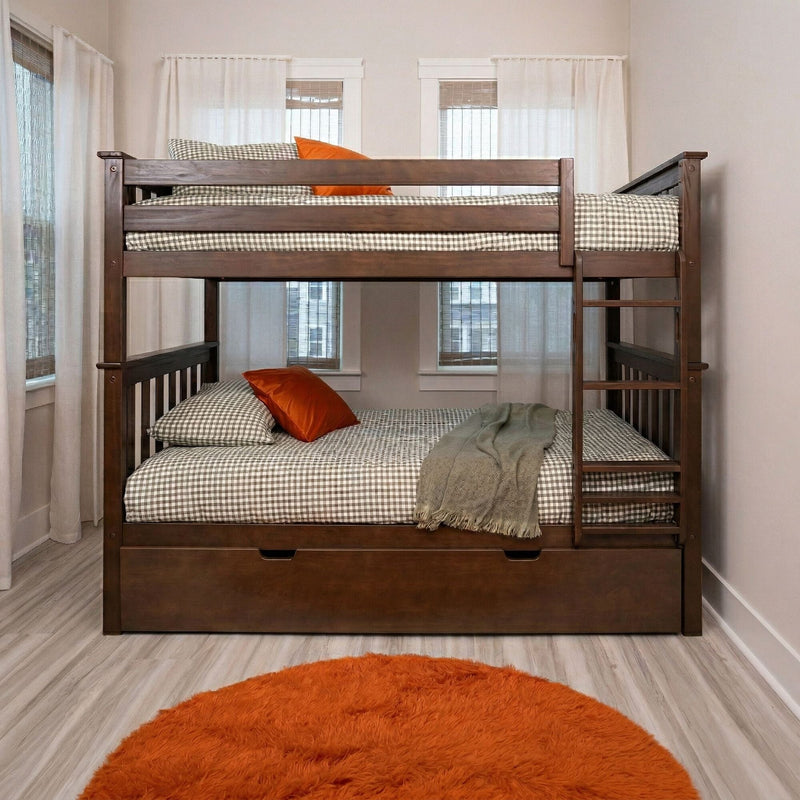 Dark wood bunk bed with gingham bedding, orange accent pillows and round orange rug in a modern bedroom with sheer curtains and light wood floors