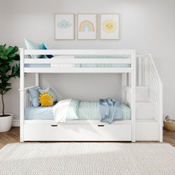 White wooden bunk bed with stairs in modern kids' bedroom featuring striped bedding, decorative pillows, and playful wall art.