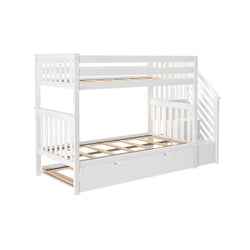White wooden bunk bed with storage drawers and safety stairs.