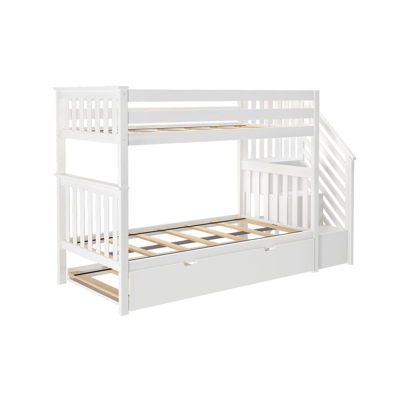 White wooden bunk bed with side staircase, slatted guardrails and pull-out under-bed storage drawer, modern kids' bedroom furniture