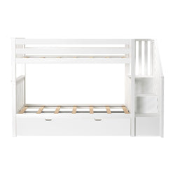 White wooden bunk bed with built-in stairs and storage drawers, space-saving bedroom furniture.