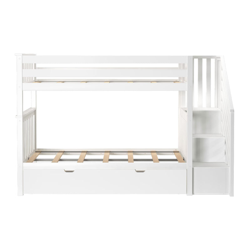 White wooden twin-over-twin bunk bed with side staircase, built-in under-bed drawer and slatted mattress supports