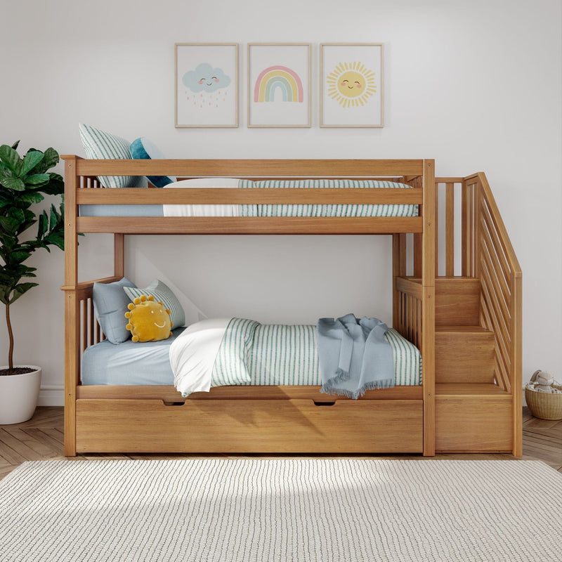 Wooden bunk bed for kids with teal striped bedding, plush sun pillow, built-in staircase storage and pastel rainbow-cloud nursery wall art