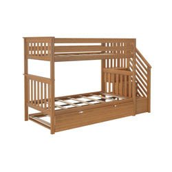 Wooden bunk bed with stairs and storage drawers for kids.