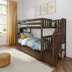 Stylish wooden bunk bed with stairs in a modern children's room featuring natural light, playful decor, and cozy bedding.