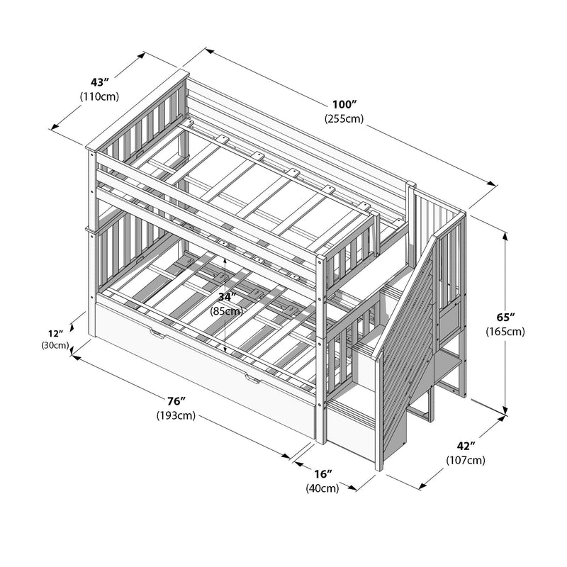 Wooden bunk bed with staircase and storage dimensions diagram in inches and centimeters.