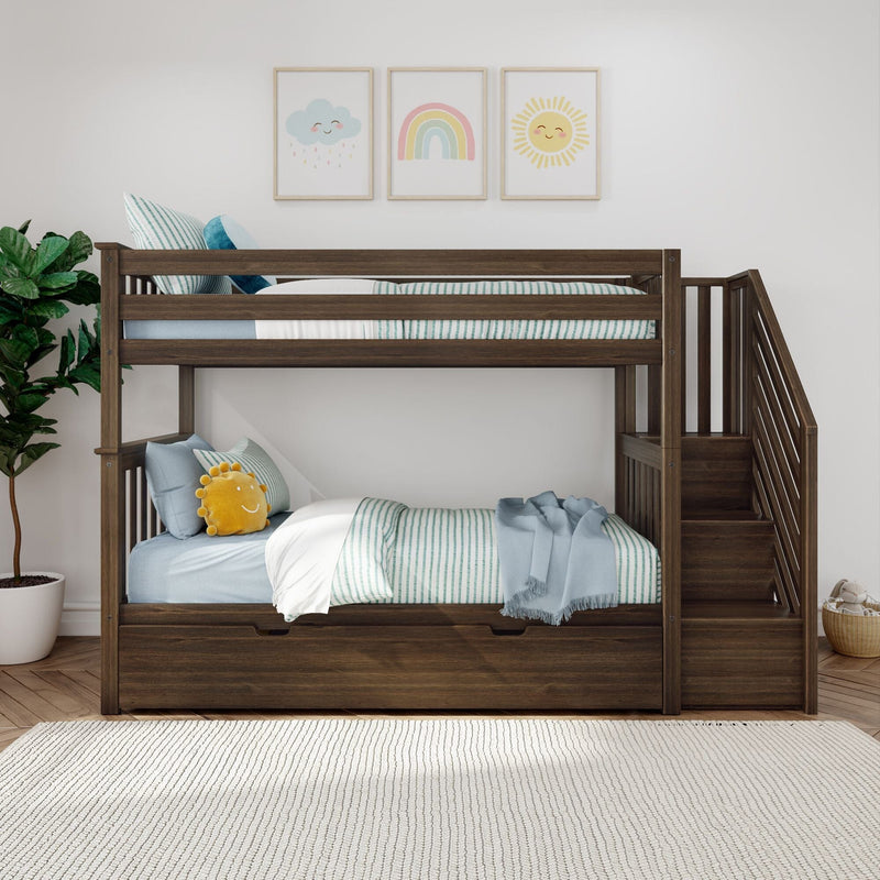 Kids wooden bunk bed with stairs in modern nursery, pastel rainbow cloud and sun wall art, striped teal bedding and sun plush toy