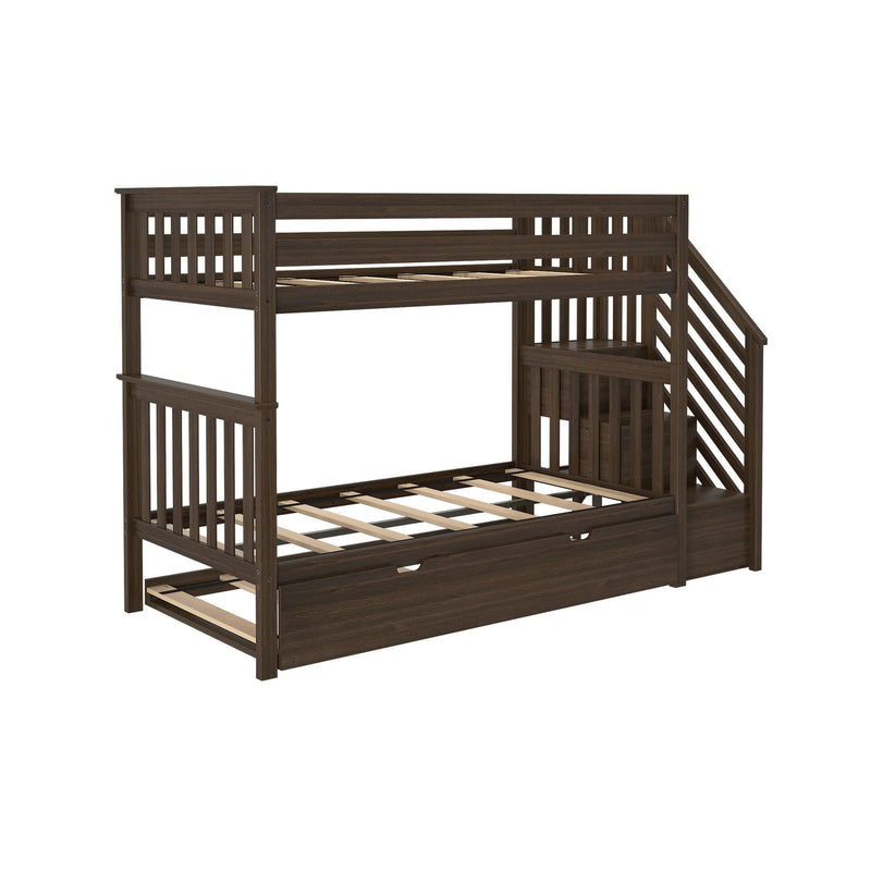 Wooden bunk bed with stairs and trundle storage drawer for kids' bedroom.