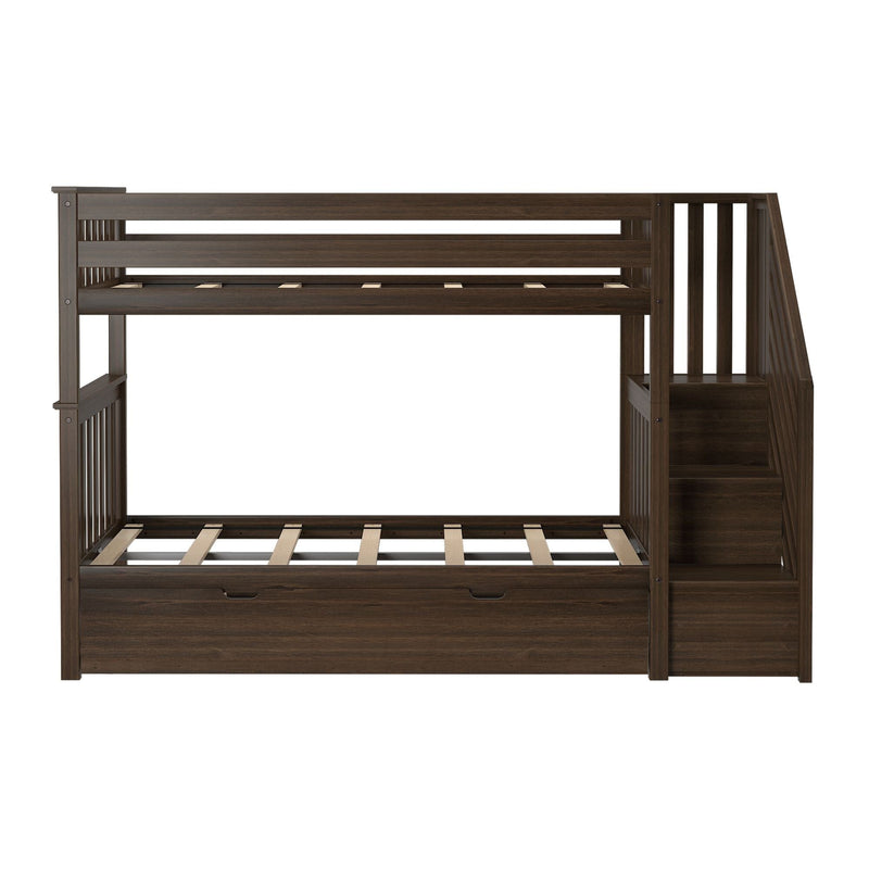 Dark walnut wooden twin-over-full bunk bed with right-side staircase, slatted rails, safety guardrail and under-bed storage drawers