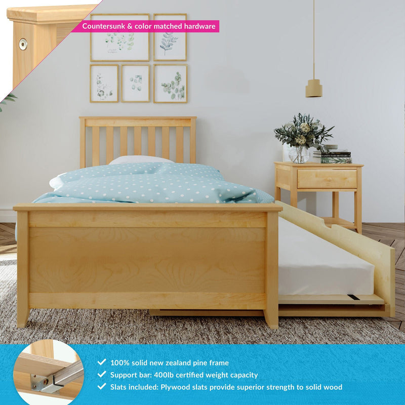 Solid New Zealand pine bed with pull-out trundle, plywood slats and 400lb support bar in modern bedroom with blue polka dot duvet