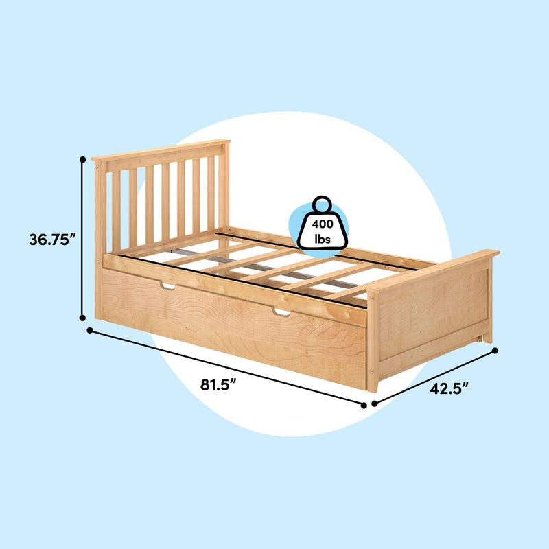 Twin-size light wood platform bed frame with slatted headboard and built-in under-bed storage drawer, 400 lb capacity, dimensions 81.5 in L x 42.5 in W x 36.75 in H