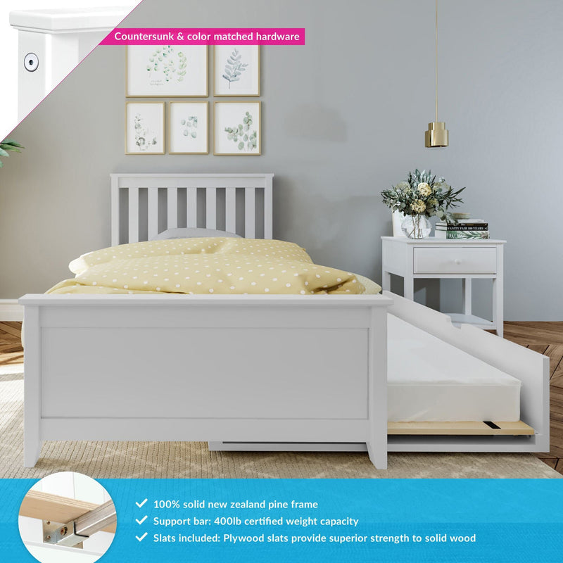 White children's wooden bed with pull-out trundle storage, yellow polka-dot bedding, solid pine frame and countersunk color-matched hardware beside a white nightstand with vase and books against a grey wall with botanical prints and gold pendant light