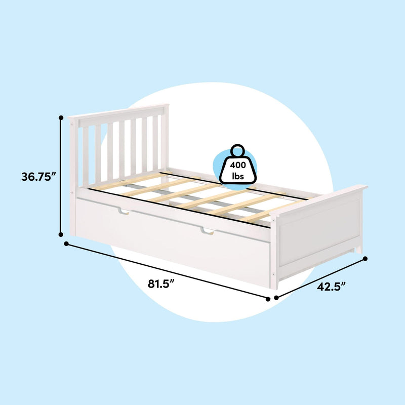 White storage platform bed frame with wooden slats and pull-out drawer, 81.5" L x 42.5" W x 36.75" H, 400 lb weight capacity