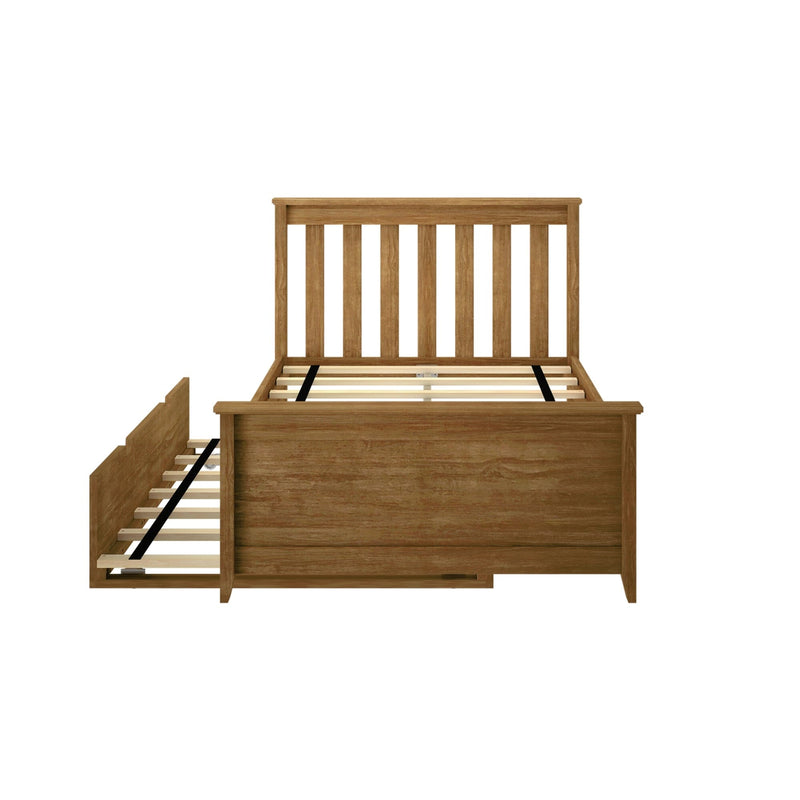 Oak-finish wooden platform bed frame with vertical slatted headboard and pull-out under-bed storage drawer, visible mattress slats, rustic minimalist bedroom furniture