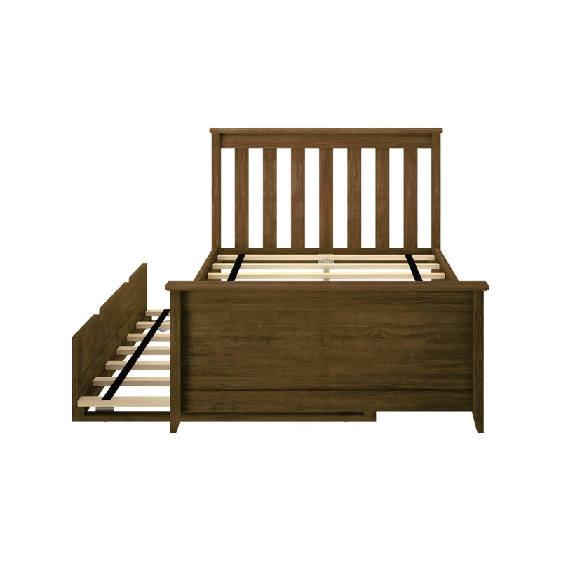 Brown wooden platform bed frame with vertical slatted headboard, sturdy slatted mattress support and pull-out trundle storage, farmhouse style