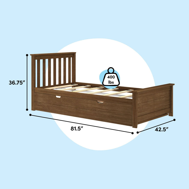 Brown wooden twin bed frame with slatted headboard and under-bed storage drawer, twin size 81.5 in L × 42.5 in W × 36.75 in H, 400 lb weight capacity