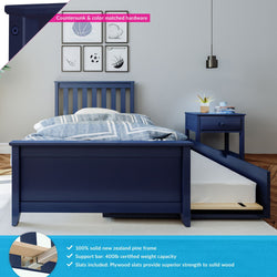 Navy blue wooden twin bed with pull-out trundle and solid New Zealand pine frame, blue patterned bedding, matching navy nightstand and modern pendant light in a kids' bedroom with sports wall art