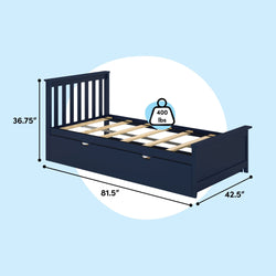 Navy blue twin bed frame with slatted headboard and built-in under-bed storage drawer, 81.5" L x 42.5" W x 36.75" H, 400 lb capacity
