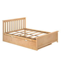 Light wood platform bed frame with slatted headboard and under-bed storage drawer, natural maple finish and wooden slat mattress support, modern minimalist bedroom furniture