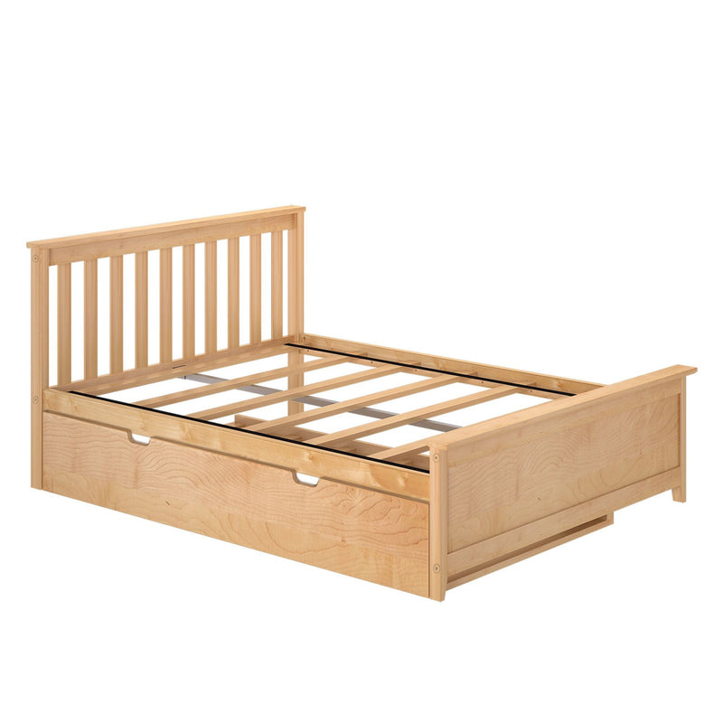 Wooden platform bed frame with slatted headboard and built-in storage drawers in light maple finish