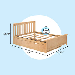 Natural wood platform bed frame with slatted headboard and under-bed storage drawers, 81.5" L x 57.75" W x 36.75" H, 400 lb capacity