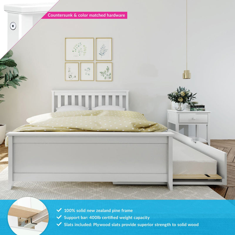 White wooden platform bed with pull-out trundle drawer, solid New Zealand pine frame and plywood slats in a modern bedroom setting