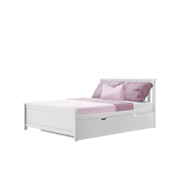 White wooden platform bed with under-bed storage drawer and pink bedding and pillows, modern bedroom furniture