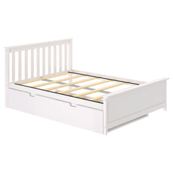 White wooden platform bed frame with slatted headboard, exposed wooden slats and pull-out under-bed storage drawer