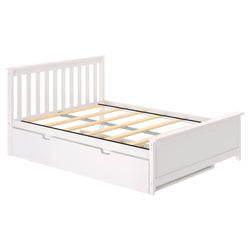 White wooden platform bed frame with slatted headboard, exposed wooden slats and pull-out under-bed storage drawer